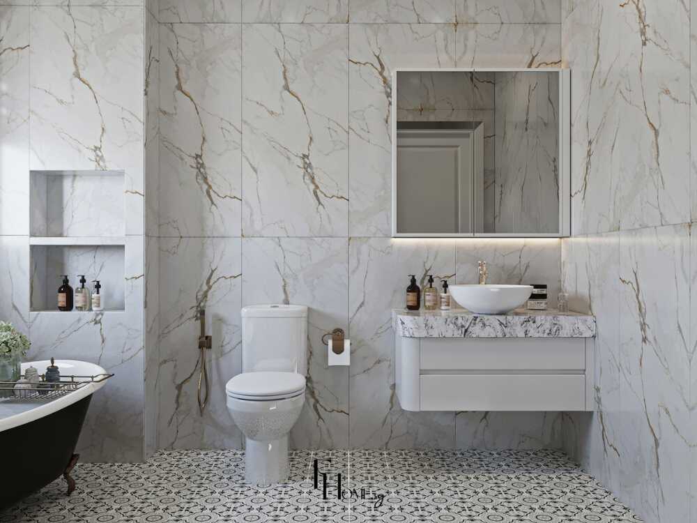 Phòng vệ sinh thanh lịch, gần gũi với gam màu trung tính và chi tiết gốm