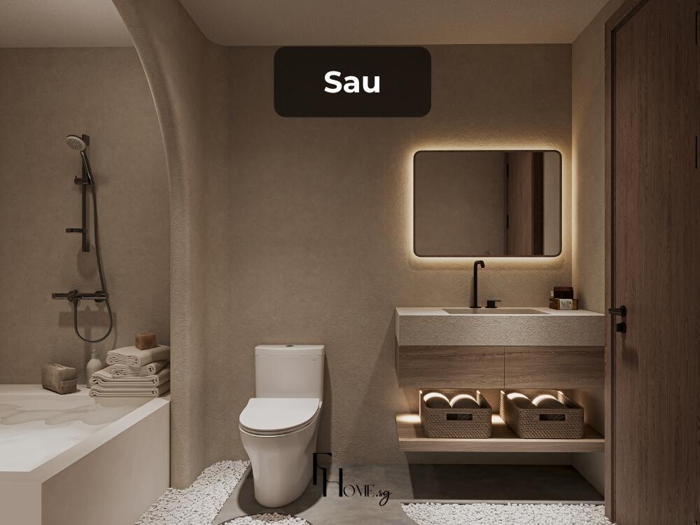 Phòng vệ sinh và tắm sau khi được hoàn thiện theo phong cách Wabi Sabi mộc mạc, ấm cúng