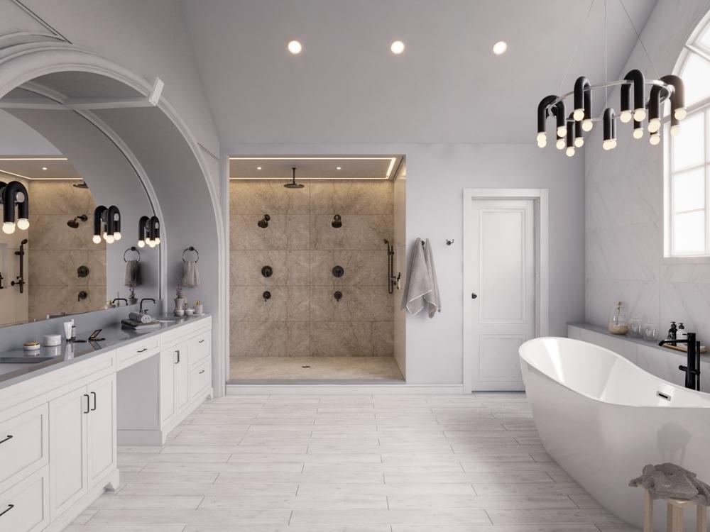 Phòng WC tinh tế sạch sẽ với thiết bị cổ điển và ánh sáng bố trí hài hòa