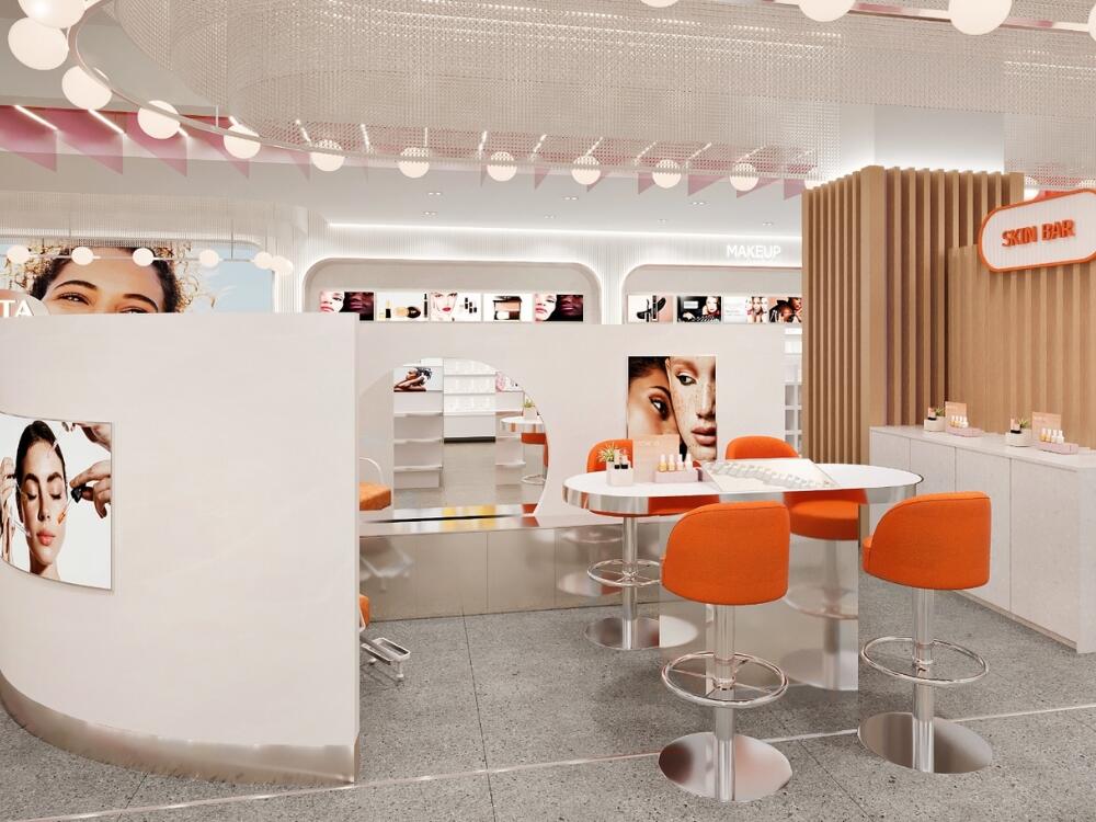 Quầy trải nghiệm sản phẩm sáng tập trung với ghế cao và đèn rọi riêng cho từng vị trí thử nghiệm