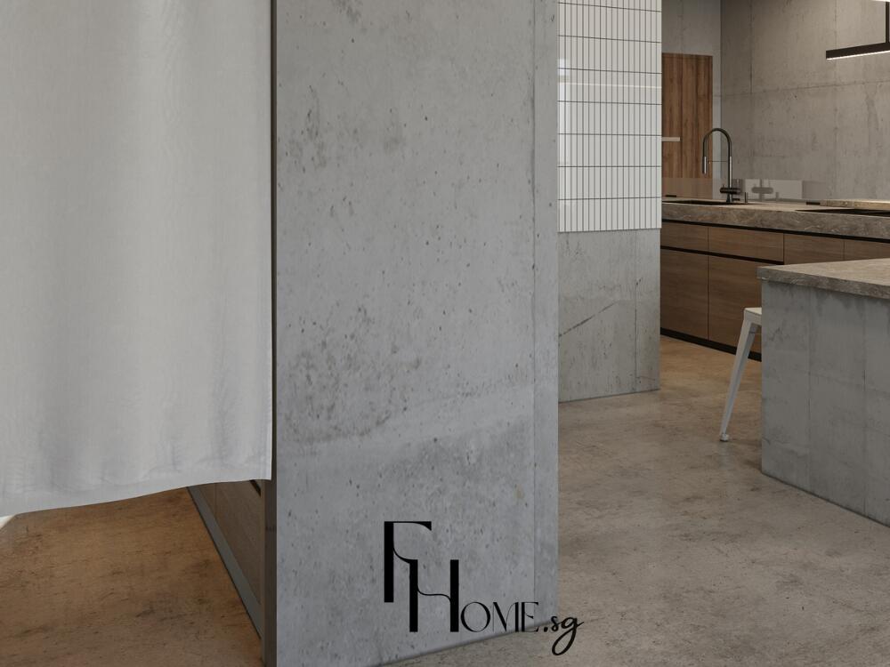 Rèm vải thô mộc màu trung tính làm mềm không gian giữ trọn nét mạnh mẽ đặc trưng Brutalism