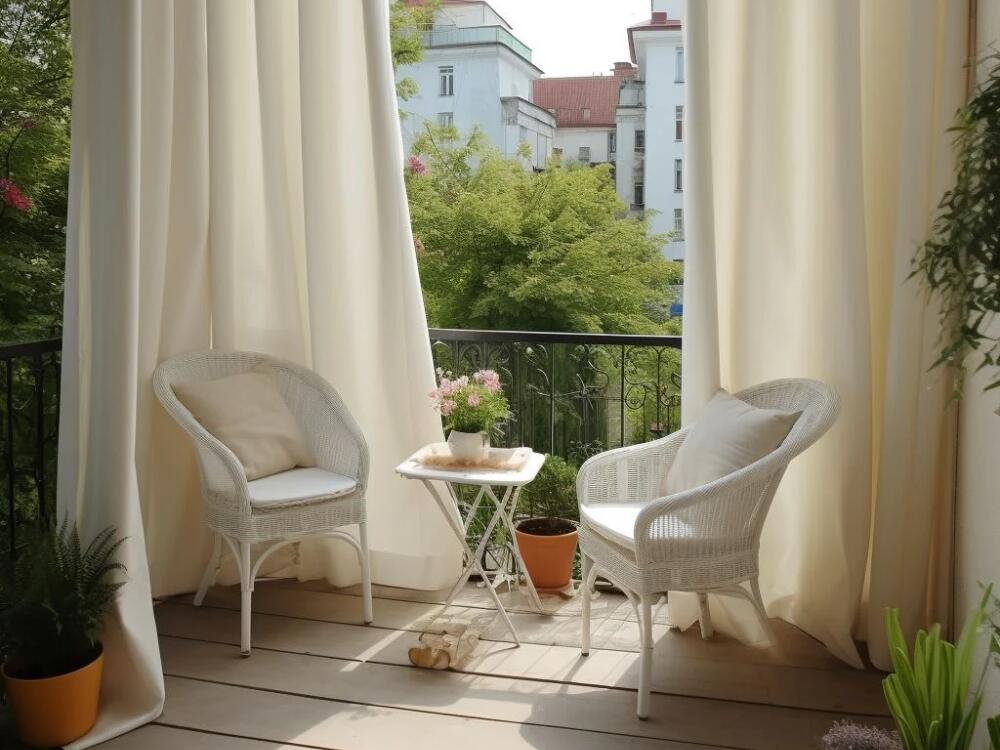 Rèm vải và cây leo giúp tăng sự riêng tư và tạo điểm nhấn tự nhiên cho không gian