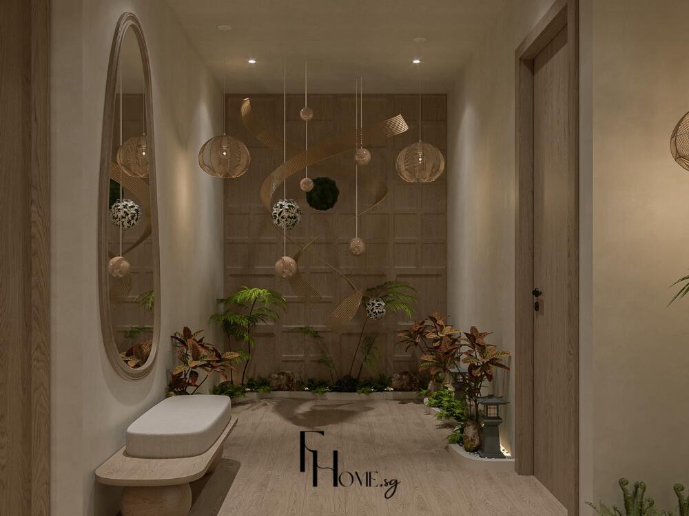 Sảnh Japandi thanh thoát nhẹ nhàng mang cảm giác an yên và hòa hợp thiên nhiên