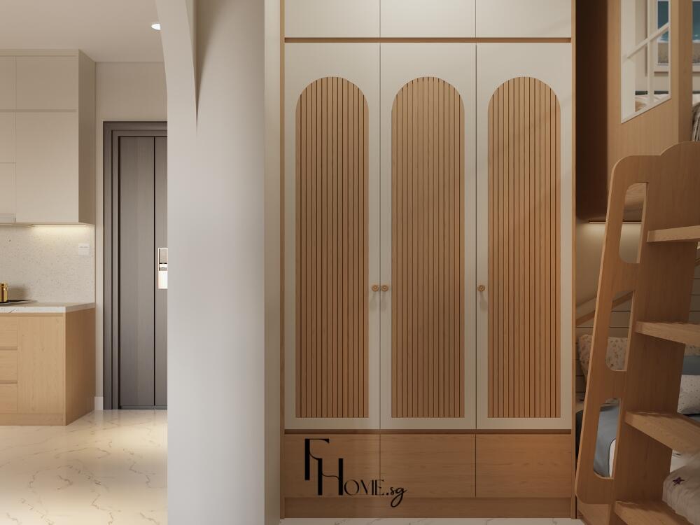 Sảnh Japandi tinh giản thanh lịch với đường nét gọn gàng và vật liệu tự nhiên