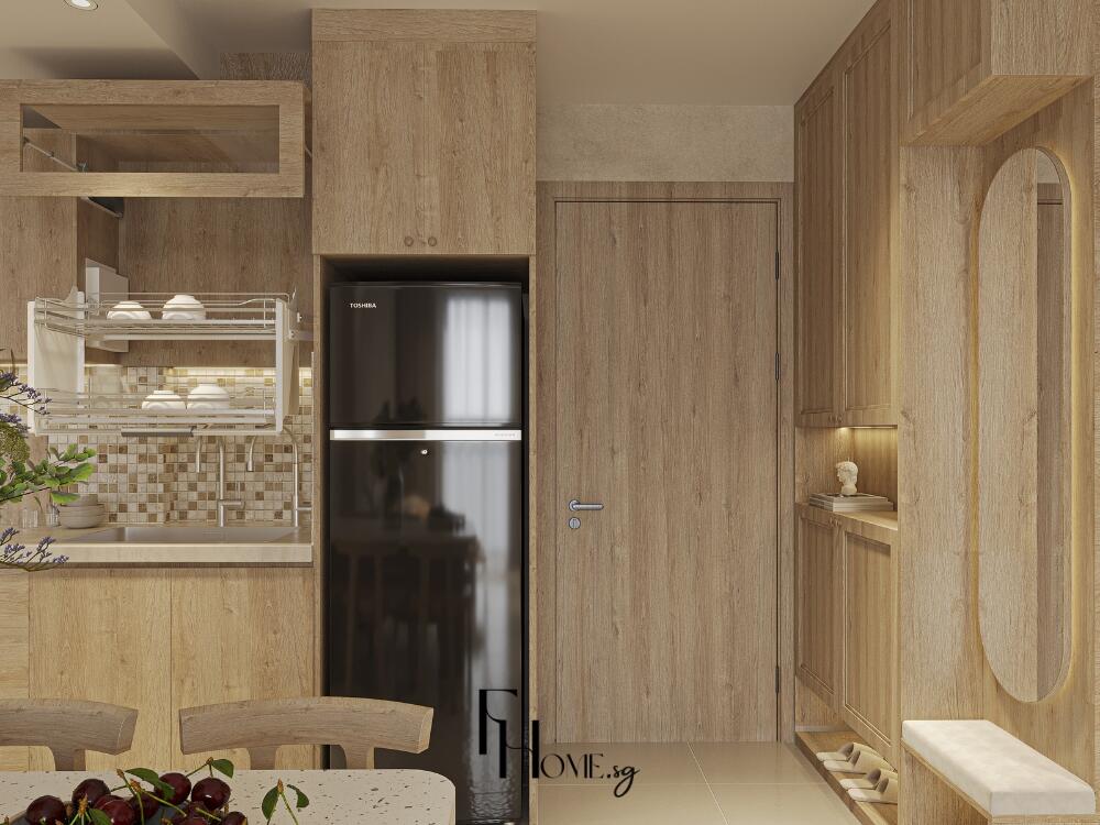 Sảnh Rustic gần gũi với bảng màu trung tính gợi không khí ấm cúng và tinh tế