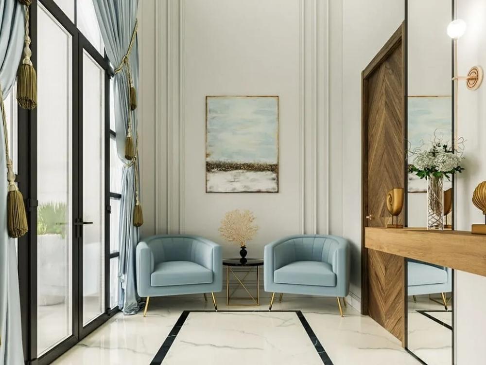 Sảnh tân cổ điển lộng lẫy với vật liệu da thật kim loại mạ vàng và pha lê quý phái