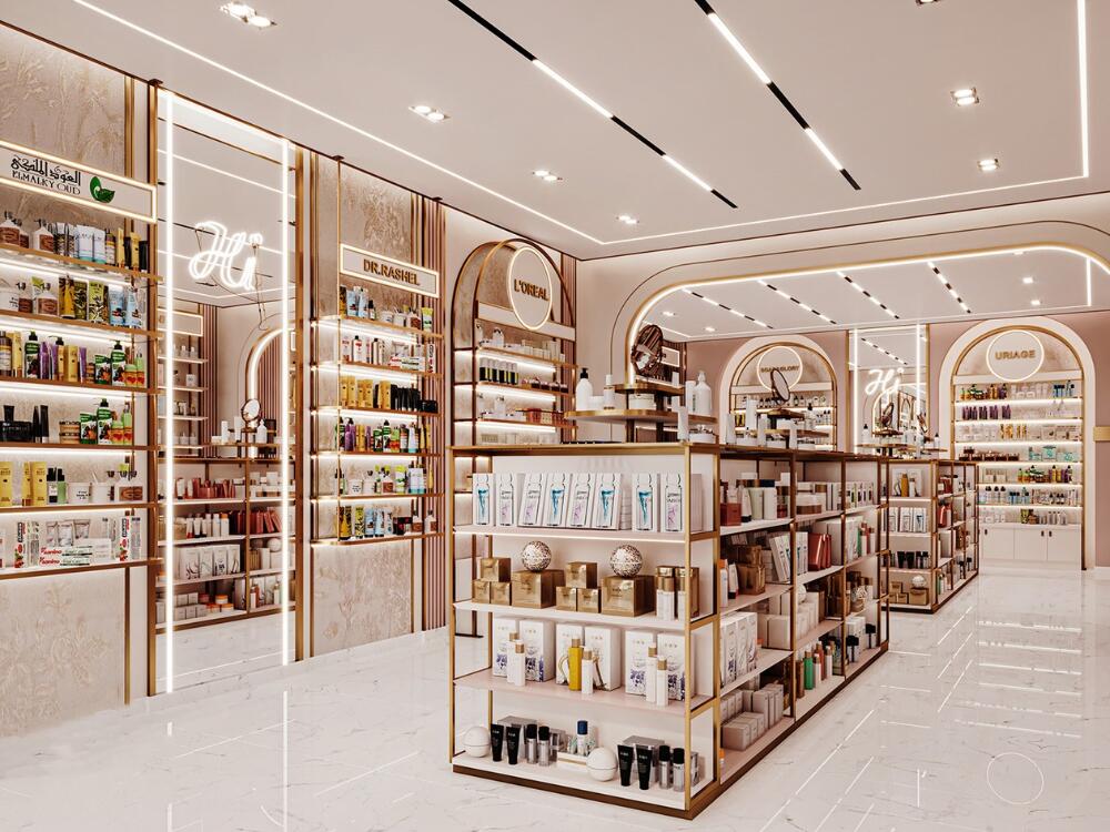 Showroom mỹ phẩm Luxury lộng lẫy với đá marble trắng vân mây và kim loại mạ vàng hồng