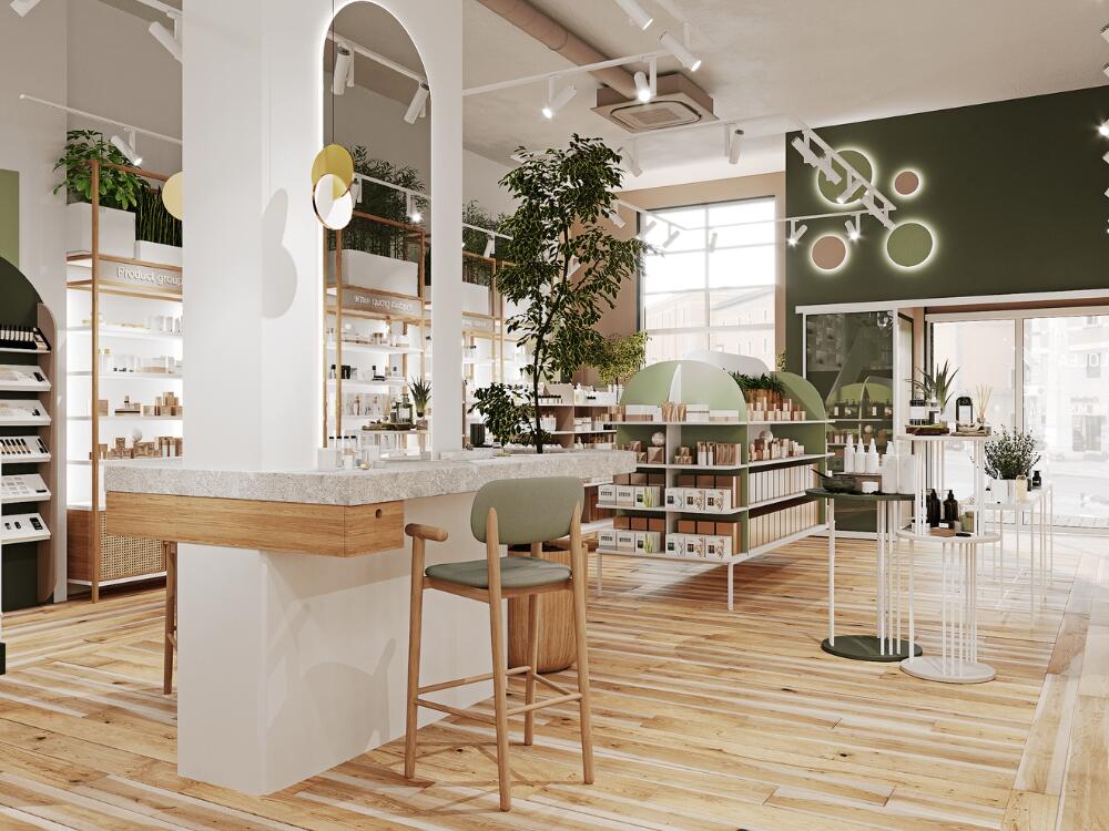 Showroom mỹ phẩm organic gần gũi với gỗ sồi tự nhiên tông be xanh lá và điểm xuyết cây xanh