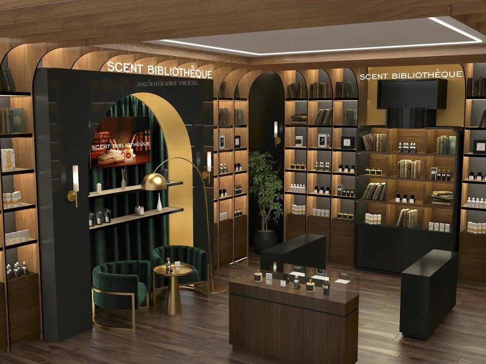 Showroom nước hoa sang trọng với tủ kính kịch trần và đèn LED hắt sáng tôn bật từng chai trưng bày