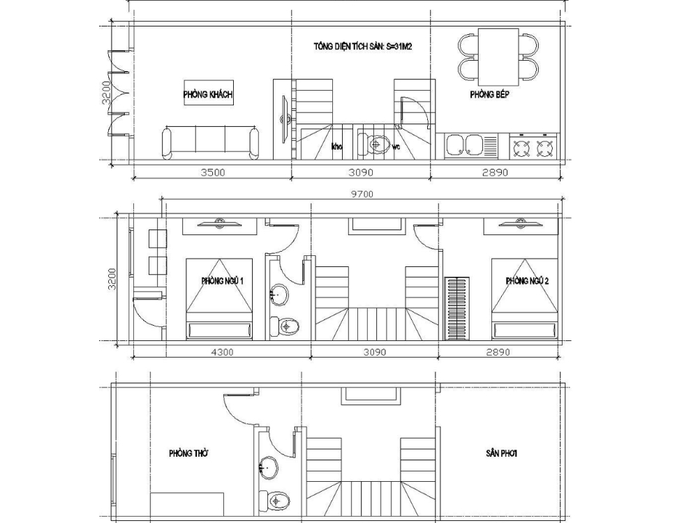 Sưu tầm - Bản vẽ nhà phố 30m2 3 tầng