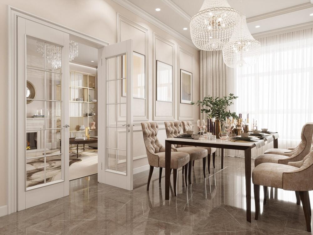 Sưu tầm - Chung cư theo phong cách tân cổ điển sang trọng với phào chỉ tinh tế, đèn chùm pha lê và sàn đá marble