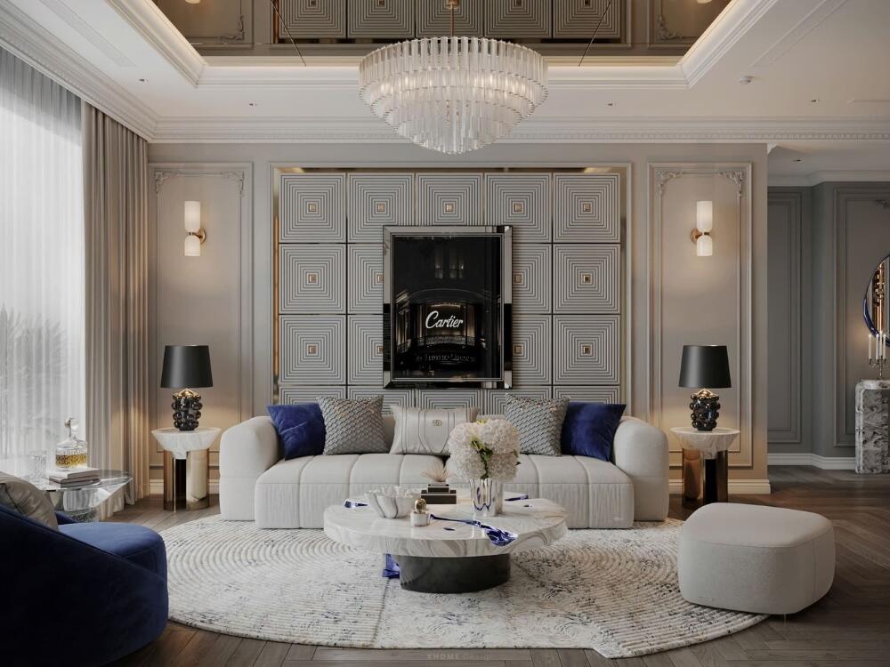 Sưu tầm - Phối hợp tân cổ điển & hiện đại với vách ốp, phào chỉ và đèn chùm pha lê