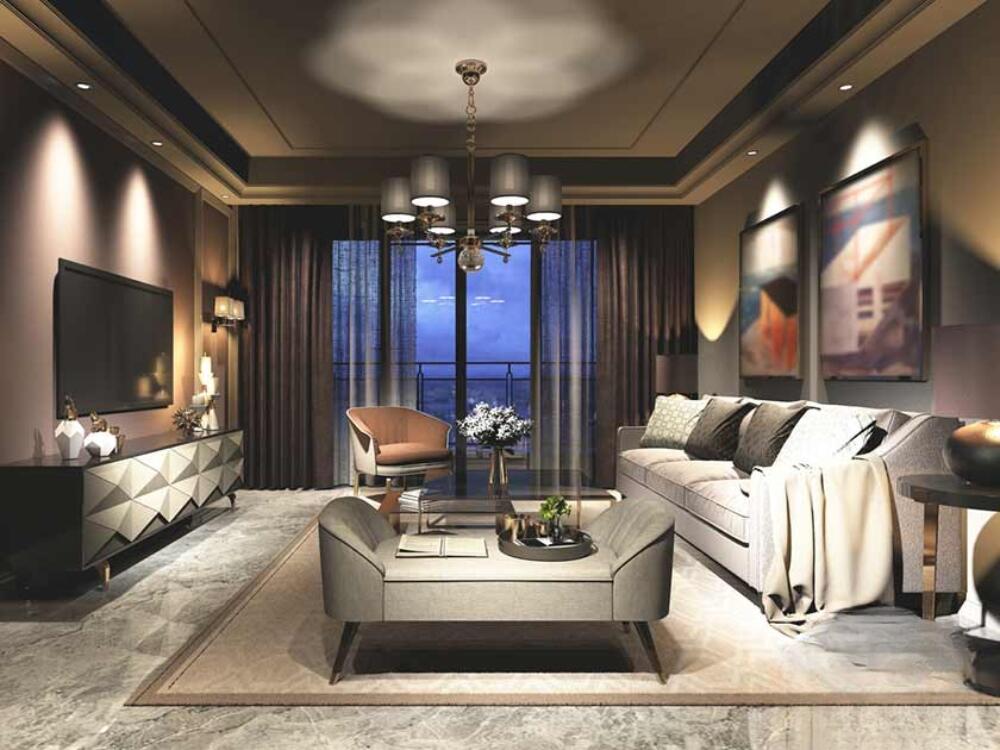 Sưu tầm - Tân cổ điển & Hiện đại, sang trọng với sàn đá marble, kệ TV họa tiết độc đáo và hệ đèn ấm cúng