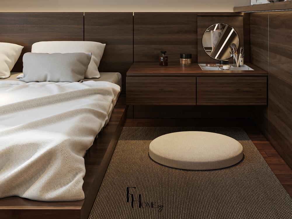 Tab đầu giường thấp bằng gỗ tự nhiên mang lại cảm giác ấm áp và gần gũi với không gian nghỉ ngơi