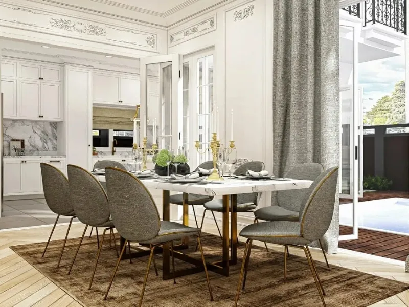Thiết kế nội thất phòng bếp chung cư tân cổ điển tối giản