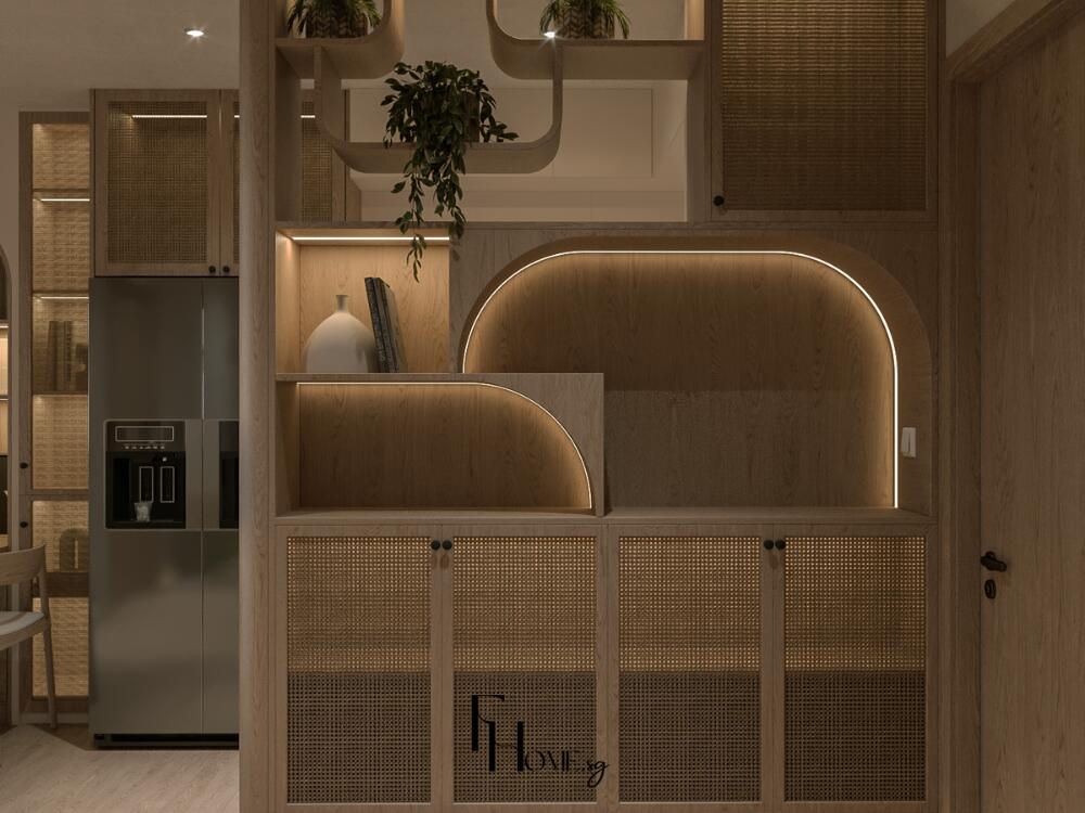 Thiết kế tủ kiêm vách mang tính đa công năng kết hợp lưu trữ và thẩm mỹ nhẹ nhàng tự nhiên