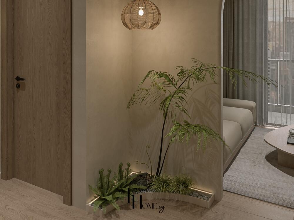 Tiểu cảnh mộc mạc với cành khô và ánh sáng dịu thể hiện vẻ đẹp tĩnh lặng cân bằng