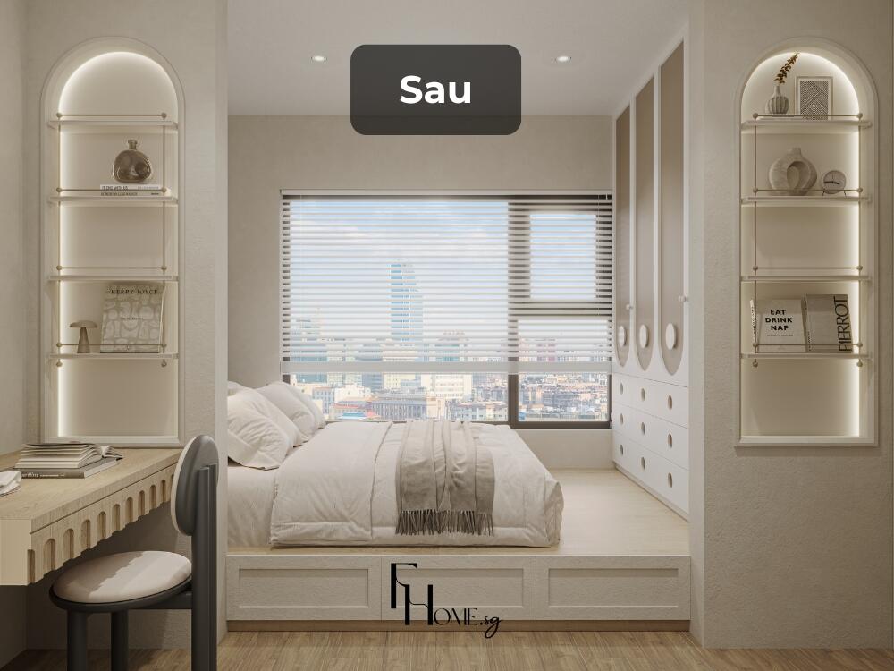 Tủ âm tường giúp tối ưu không gian lưu trữ và mang lại vẻ gọn gàng cho phòng ngủ