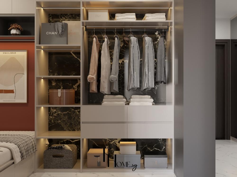 Tủ quần áo phẳng mịn không họa tiết thể hiện vẻ đẹp tối giản và công năng rõ ràng
