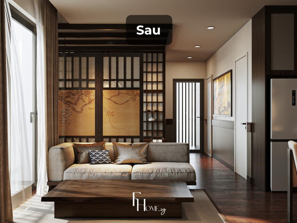 Vách gỗ giúp chia phòng khách thành 2 không gian (Sofa bình thường và phòng trà)