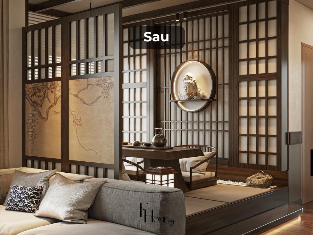 Vách gỗ ngăn nhẹ giữa khách để tạo ra 2 không gian tiếp khách riêng biệt