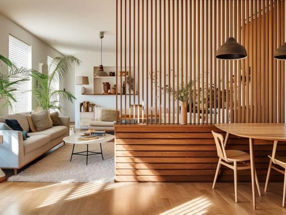 Vách ngăn ấn tượng với hiệu ứng sóng giúp phòng khách thêm sang trọng