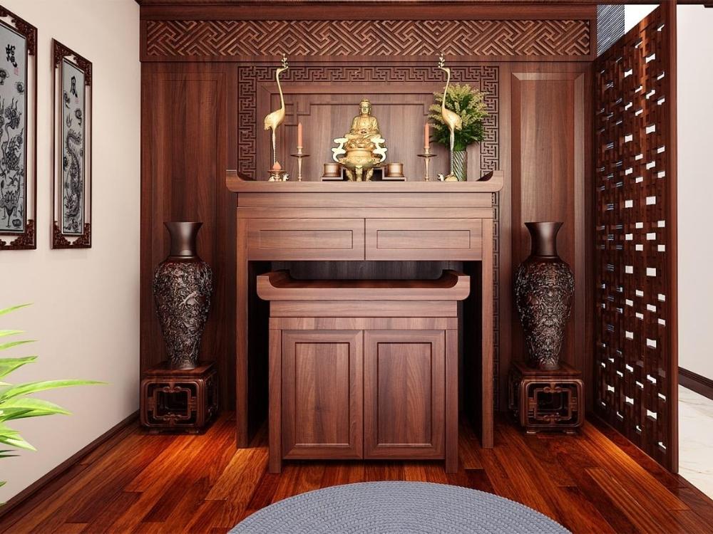 Vách ngăn CNC tinh tế tạo không gian thờ riêng biệt và tăng tính thẩm mỹ cho phòng khách