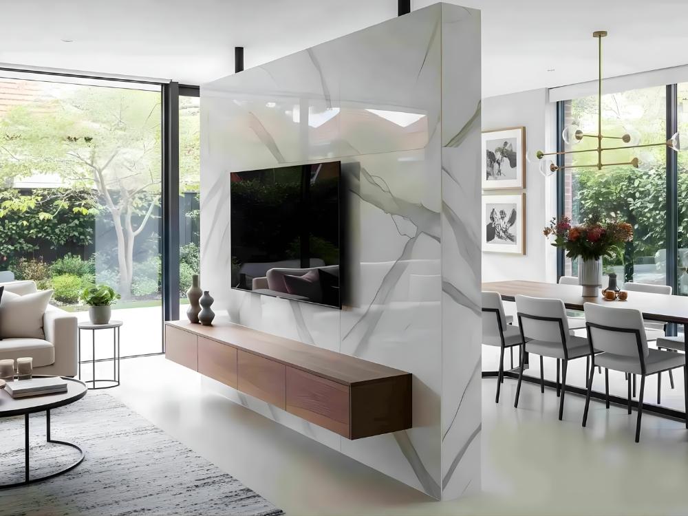 Vách ngăn hiện đại với kệ tivi tạo điểm nhấn nhẹ nhàng cho nội thất