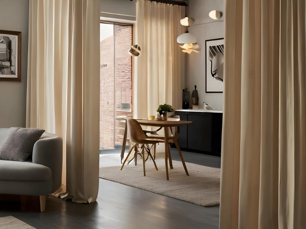 Vách ngăn mềm mại với rèm vải tạo sự phân tách nhẹ nhàng