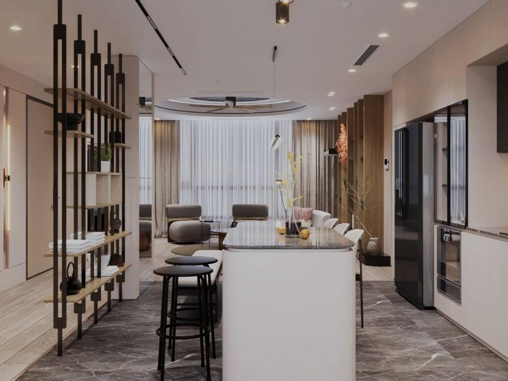 Vách ngăn nổi bật với lam sóng hiện đại tạo chiều sâu cho không gian