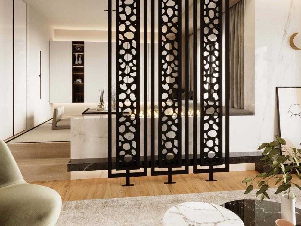 Vách ngăn sắc nét với gỗ công nghiệp kính và kim loại sơn tĩnh điện