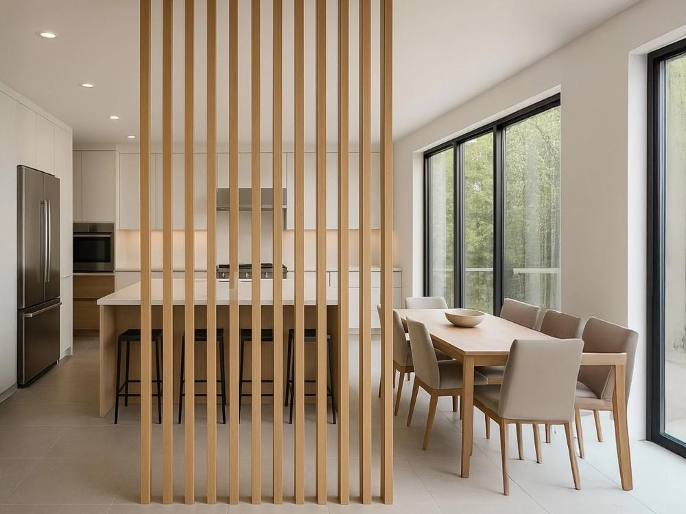 Vách ngăn thẩm mỹ với tấm ốp giả gỗ mang lại điểm nhấn độc đáo