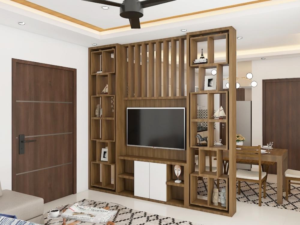 Vách ngăn tiện nghi với hệ tivi gọn gàng mang lại không gian liền mạch