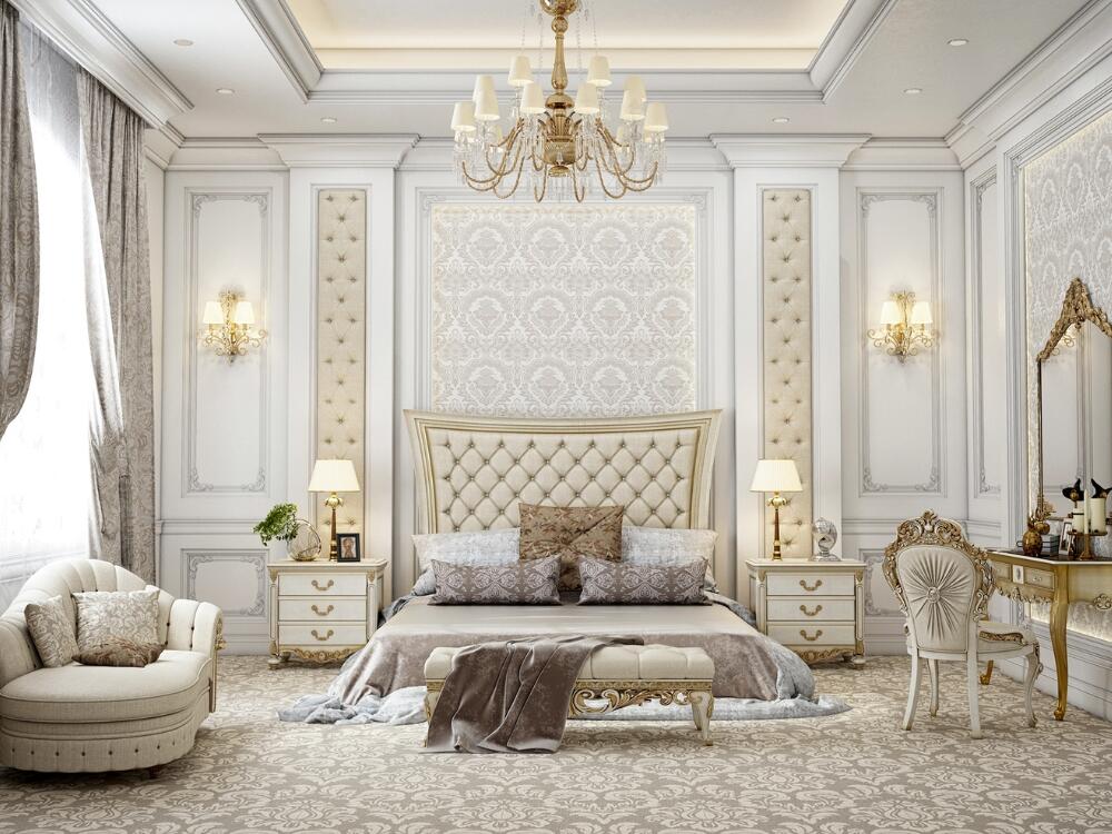 Vách tường với điểm nhấn da kết hợp phào chỉ tinh tế giúp tăng tính thẩm mỹ