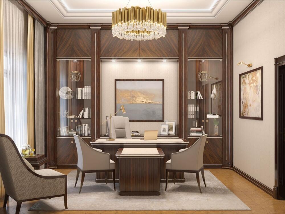 Văn phòng Art Deco sang trọng với đường nét hình học mạnh mẽ và sắc vàng kim nổi bật