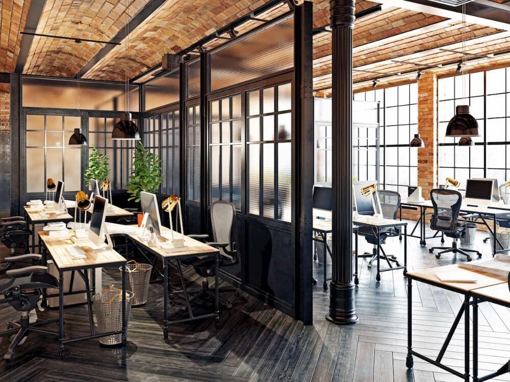 Văn phòng công nghiệp ấn tượng với gam nâu đen và chất liệu thô mộc đầy cá tính