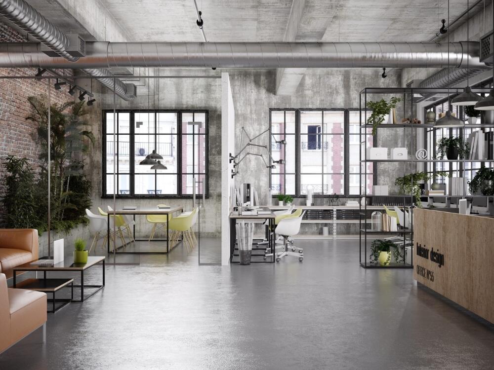 Văn phòng công nghiệp rộng mở sử dụng bê tông thép và gỗ thô tạo vẻ đẹp chân thực