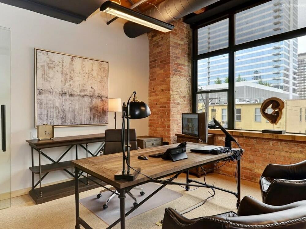 Văn phòng hiện đại ngăn nắp khoa học sử dụng vật liệu kim loại kính và bê tông tinh tế