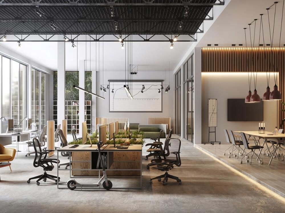 Văn phòng tối giản sạch sẽ mạch lạc kết hợp bê tông thép và kính theo tinh thần less is more