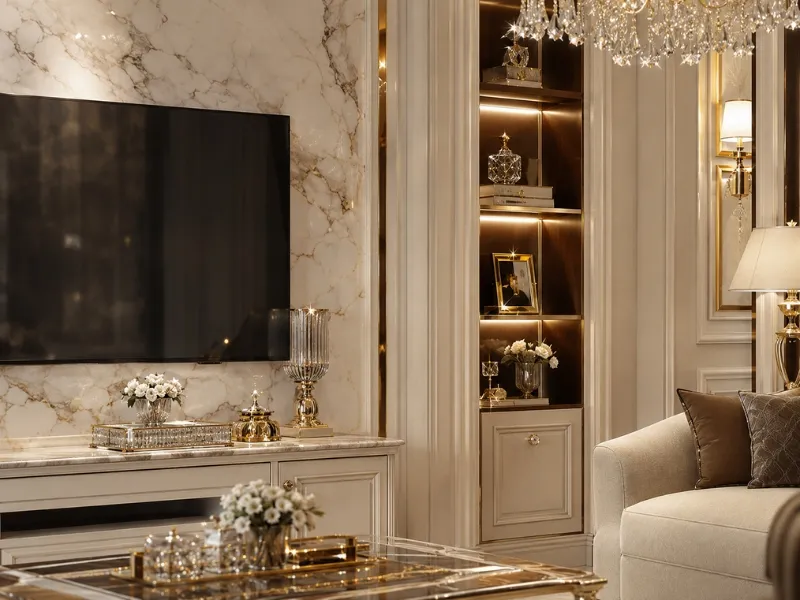 Mảng tường Tân cổ điển với đá marble và gỗ tự nhiên