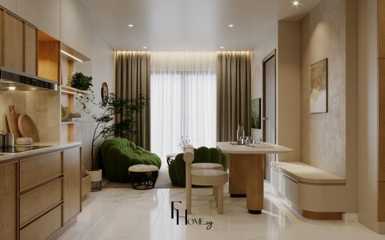 Phòng khách căn hộ Vinhomes Grand Park 68m2 phong cách Wabi Sabi mix Japandi view 1