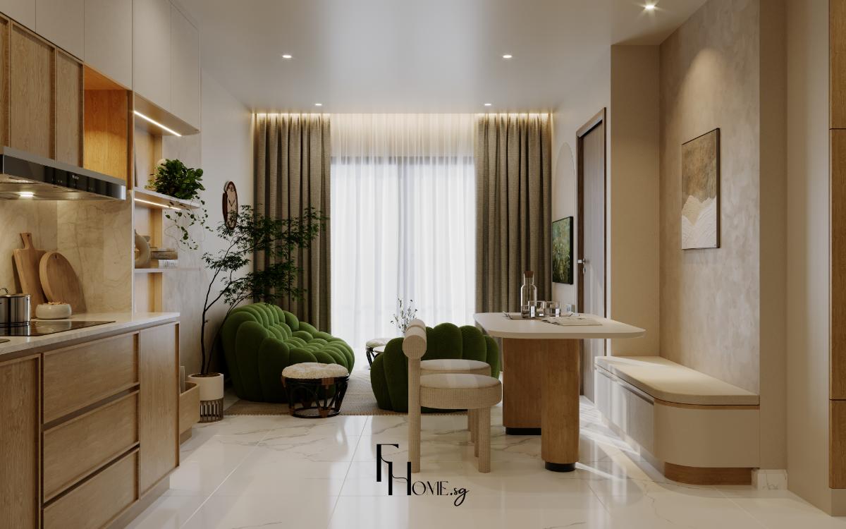 Phòng khách căn hộ Vinhomes Grand Park 68m2 phong cách Wabi Sabi mix Japandi view 1