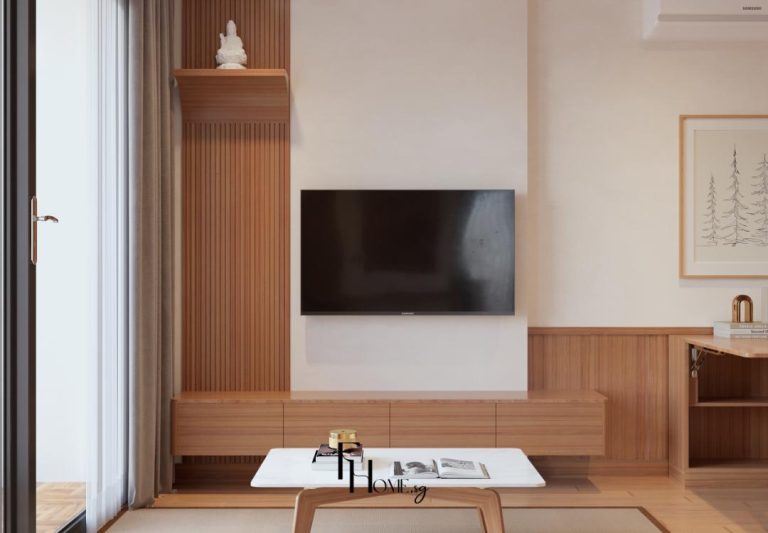 Phòng khách căn hộ Vinhomes Grand Park 70m2 phong cách Japandi view 3