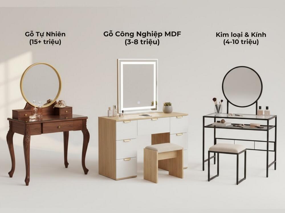 Chất liệu ảnh hưởng độ bền và giá của bàn trang điểm