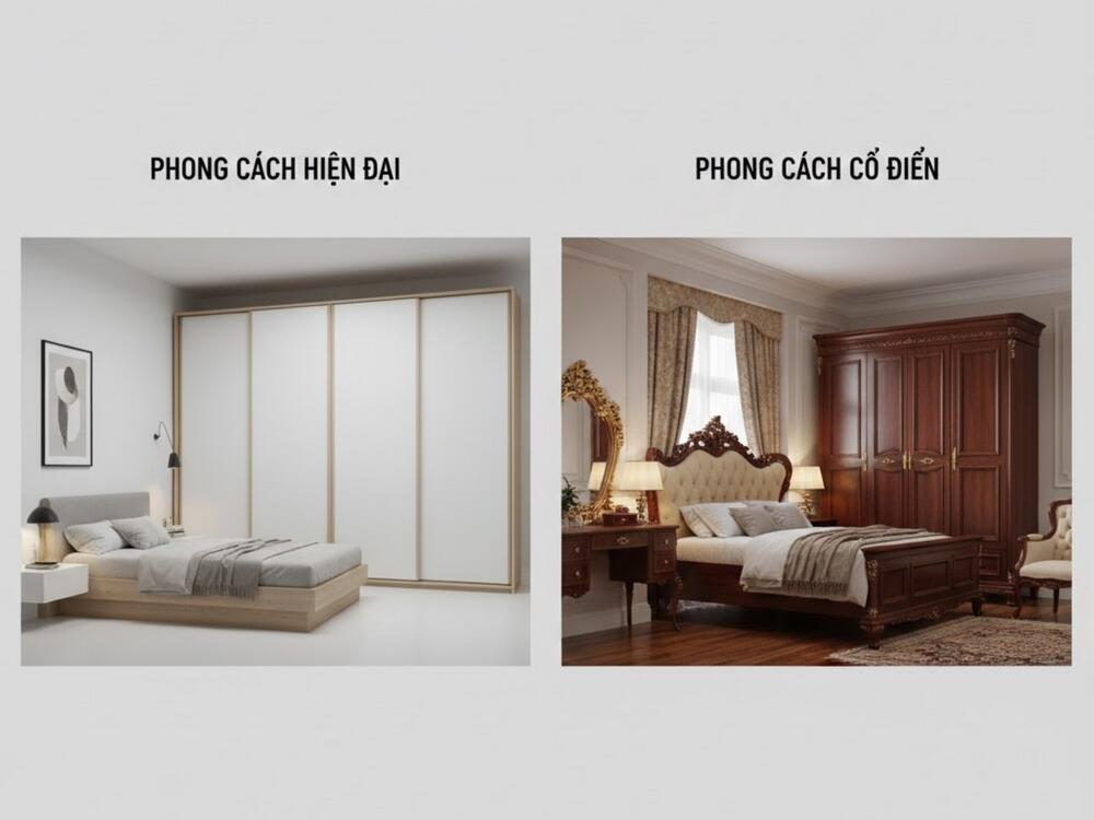 Chọn tủ hài hòa nội thất: cân đối với giường, bàn, phong cách hiện đại hợp tủ âm tường, cánh lùa; cổ điển hợp tủ đứng; đồng bộ màu, chất liệu để phòng thoáng và đẹp