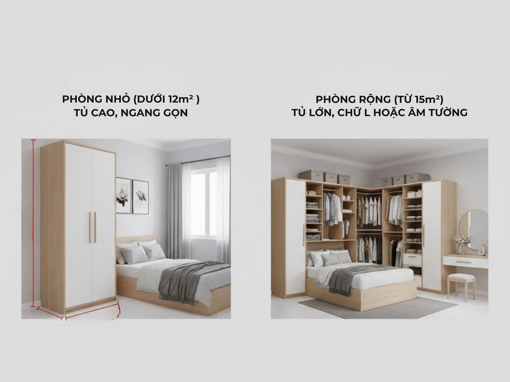 Chọn tủ theo diện tích phòng: phòng <12m² nên dùng tủ cao, ngang 100–150 cm, phòng ≥15m² dùng tủ lớn, chữ L hoặc âm tường; chừa lối đi ≥80 cm.