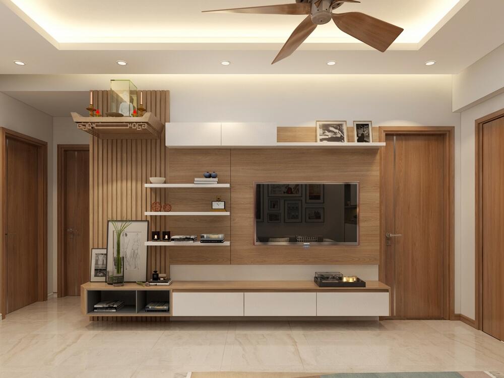 Đặt bàn thờ treo tường ở phòng khách hoặc góc riêng, cao 172–197 cm, mang sự thanh tịnh và trang nghiêm