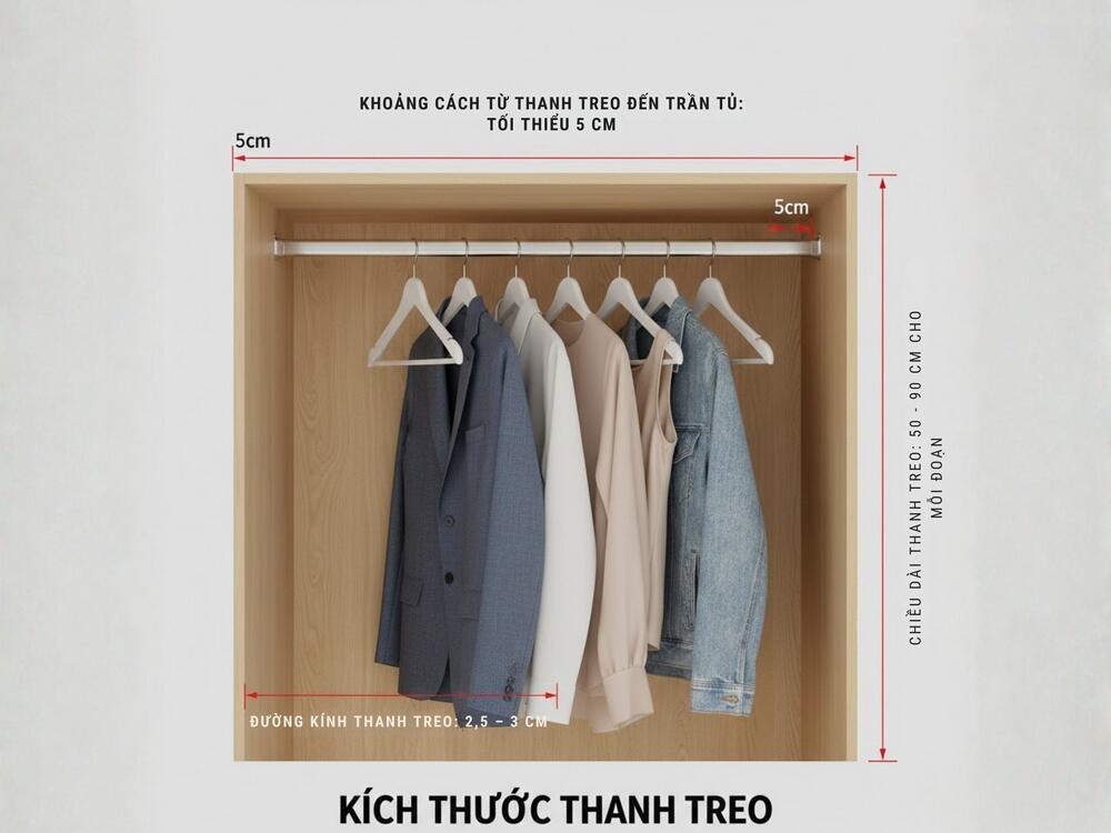 Kích thước chuẩn thanh treo tủ áo: đường kính 2,5–3 cm, dài 50–90 cm mỗi đoạn, cách trần tủ ≥5 cm để treo chắc, không võng, không cọ áo