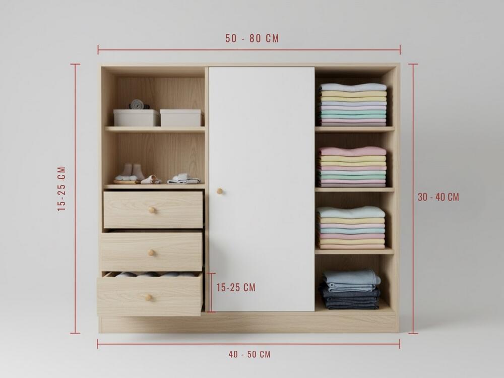 Ngăn kéo, ngăn gấp dùng cho đồ gấp và phụ kiện, kích thước chuẩn: cao 15–25 cm, rộng 50–80 cm, sâu 40–50 cm