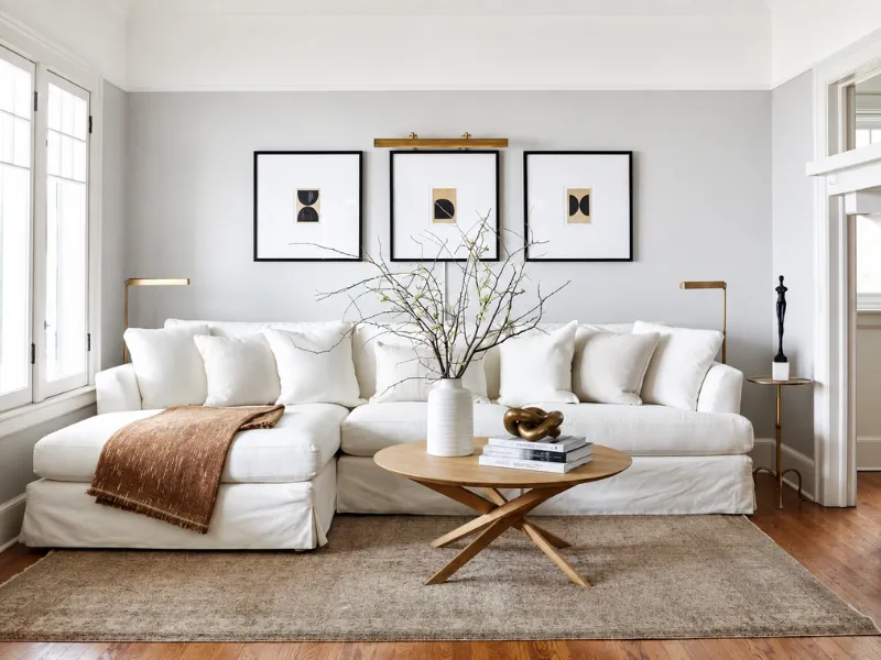 Phòng khách phong cách tối giản với sofa sáng màu bàn trà gỗ và thảm trung tính.
